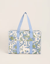 Load image into Gallery viewer, Getaway Travel Duffle Japonica Bird Green cream with and blue and green floral patter and blue handles
