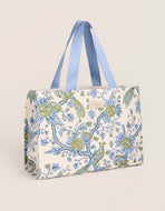 Spartina 449 Market Tote Japonica Bird Green cream color back with blue handles and a blue and green floral print with birds