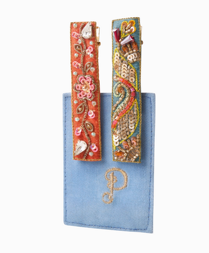 Embroidered Hair Bars - Tangerine Floral Vines/Teal Festival