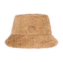 Load image into Gallery viewer, brown fluffy hat with appliqué Jellycate logo
