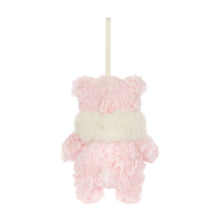 Load image into Gallery viewer, Back of Jellycat Leola Bear decoration showing pale pink plush fur, a cream scarf and hanging ribbon.


