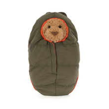 Load image into Gallery viewer, Stuffed animal in a green puffer coat on a white background
