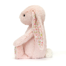 Load image into Gallery viewer, Jellycat Blossom Blush Bunny with pink floral fabric on the ears and feet side view
