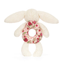 Load image into Gallery viewer, Jellycat Blossom Cream Bunny 'Berry' Ring Rattle with strawberry fabric center back view
