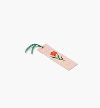 Load image into Gallery viewer, Pink January Birth Month Bookmark with a red carnation flower and a green ribbon side view
