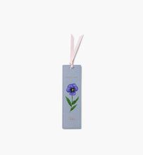Load image into Gallery viewer, blue February Birth Month Bookmark with a purple Violet flower and a pink ribbon 
