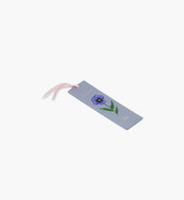 Load image into Gallery viewer, blue February Birth Month Bookmark with a purple Violet flower and a pink ribbon side view
