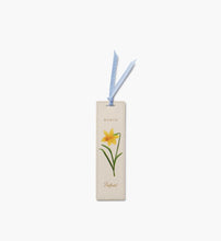 Load image into Gallery viewer, tan March Birth Month Bookmark with a yellow daffodil flower and a blue ribbon 
