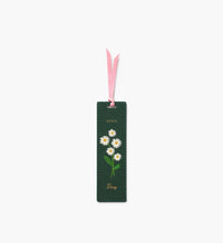 Load image into Gallery viewer, Green April Birth Month Bookmark with white Daisy flowers and a pink ribbon 
