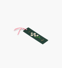 Load image into Gallery viewer, Green April Birth Month Bookmark with white Daisy flowers and a pink ribbon  side view
