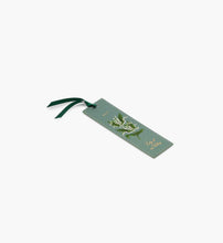 Load image into Gallery viewer, Blue-Green May Birth Month Bookmark with white Lily of the Vally flowers and a dark green ribbon side view

