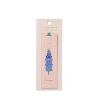 Load image into Gallery viewer, Pink July Birth Month Bookmark with blue larkspur flower and a teal green ribbon 
