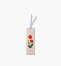 Load image into Gallery viewer, Tan August Birth Month Bookmark with red Poppy flower and a light blue ribbon 
