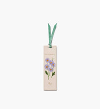Load image into Gallery viewer, Blue green October Birth Month Bookmark with orange marigold  flower and a green ribbon 
