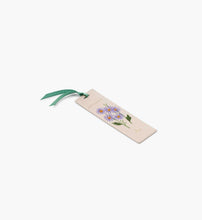 Load image into Gallery viewer, Tan September Birth Month Bookmark with blue Aster flower and a teal green ribbon side view

