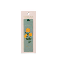 Load image into Gallery viewer, Blue green October Birth Month Bookmark with orange marigold  flower

