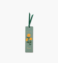 Load image into Gallery viewer, Blue green October Birth Month Bookmark with orange marigold  flower and a green ribbon 
