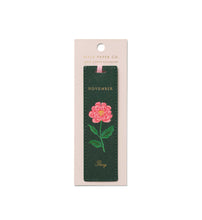 Load image into Gallery viewer, green November Birth Month Bookmark with pin peony flower and a pink ribbon 
