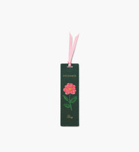 Load image into Gallery viewer, green November Birth Month Bookmark with pin peony flower and a pink ribbon 
