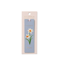 Load image into Gallery viewer, light blue December Birth Month Bookmark with white and orange Narcissus flower 
