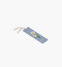 Load image into Gallery viewer, light blue December Birth Month Bookmark with white and orange Narcissus flower and a pink ribbons side view
