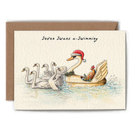 greeting card with six swans and a rooster in a swan shaped paddle boat. Text reads seven swans a swimming