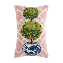 Load image into Gallery viewer, Ball Topiary Hook Pillow - pattern of blue and white vase with fish pattern and a green topiary
