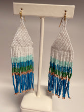 Load image into Gallery viewer, Beaded tassel with white, blue, green, and gold colors on a white background
