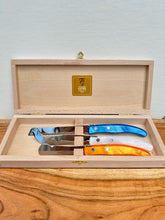 Load image into Gallery viewer, Claude Dozorme Berlingot Boxed Breakfast Knife Set - White/Orange/Bright Blue - Set of 3 - 7.5&quot;L to 9&quot;L
