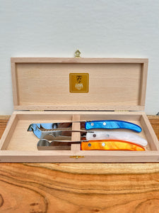 Claude Dozorme Berlingot Boxed Breakfast Knife Set - White/Orange/Bright Blue - Set of 3 - 7.5"L to 9"L