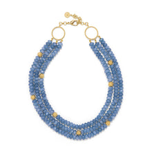 Load image into Gallery viewer, Triple strand necklace of blue jade and gold accents 
