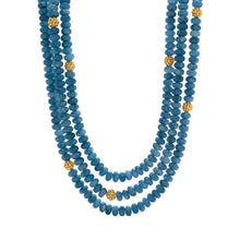 Load image into Gallery viewer, Triple strand necklace of blue jade and gold accents 
