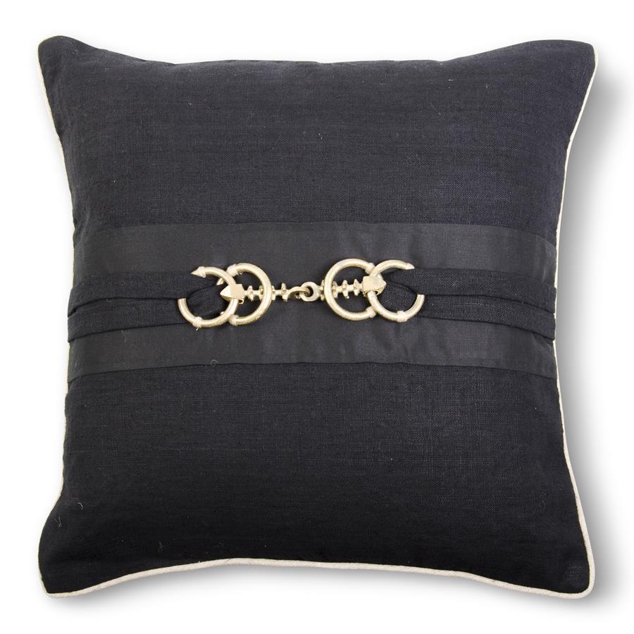 Black Linen Pillow w/ Gold Horse Bit Buckle - 20