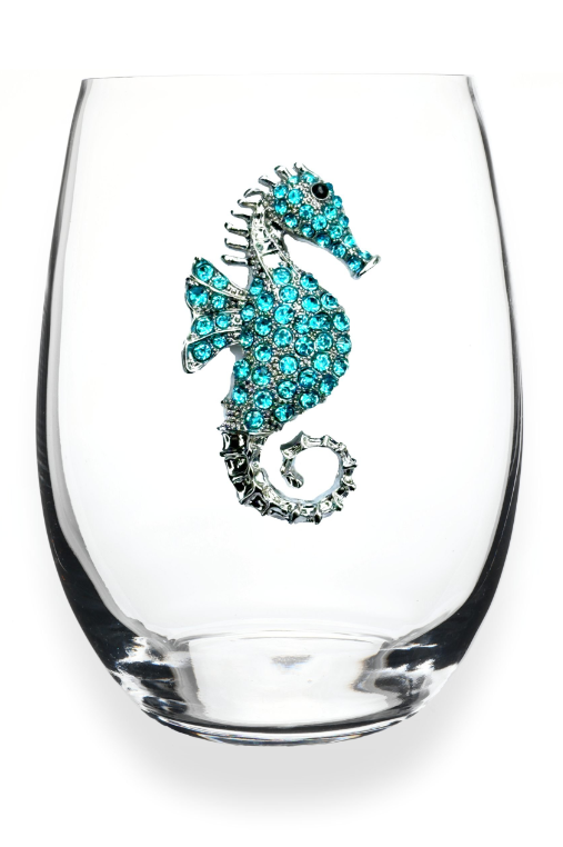 Blue Seahorse Jeweled Stemless Glass
