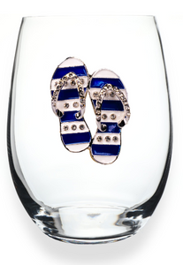 Blue & White Striped Flip Flop Jeweled Stemless Glass