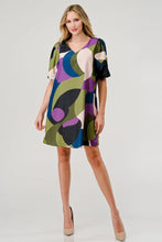 Load image into Gallery viewer, Brandy Short Puff Sleeve Shift Dress - Geometric Olive Print
