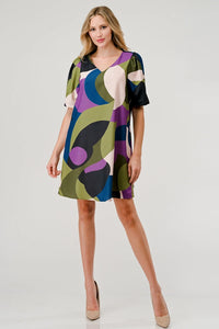 Brandy Short Puff Sleeve Shift Dress - Geometric Olive Print