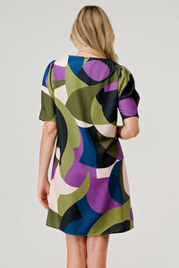 Brandy Short Puff Sleeve Shift Dress - Geometric Olive Print