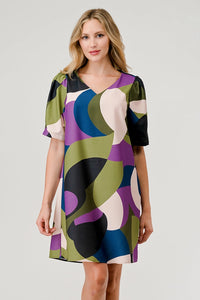 Brandy Short Puff Sleeve Shift Dress - Geometric Olive Print