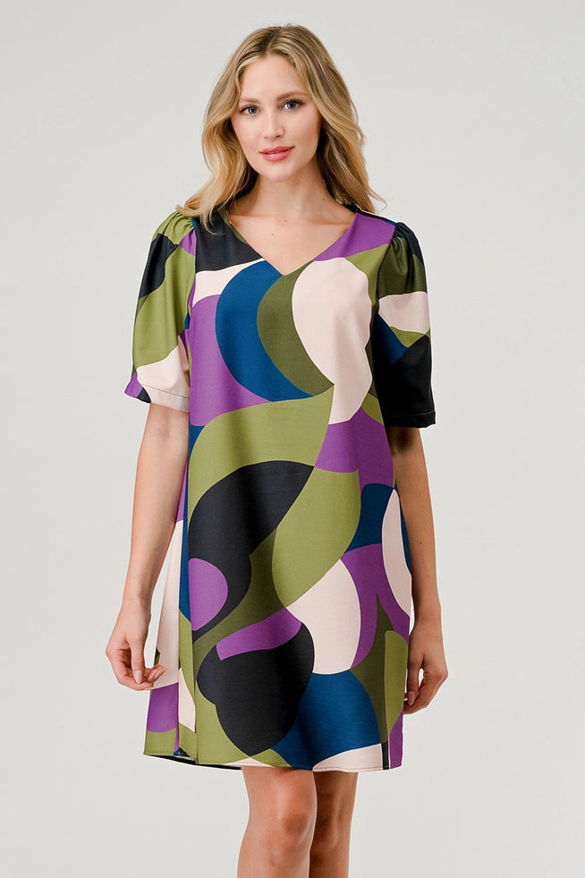 Brandy Short Puff Sleeve Shift Dress - Geometric Olive Print