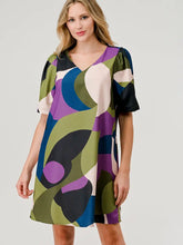 Load image into Gallery viewer, Brandy Short Puff Sleeve Shift Dress - Geometric Olive Print
