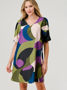 Brandy Short Puff Sleeve Shift Dress - Geometric Olive Print