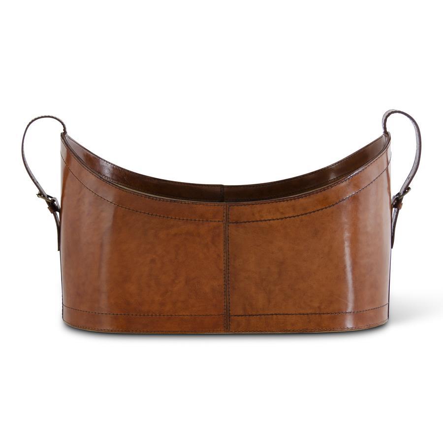 Brown Leather Oval Basket w/Adjustable Handles - 17.74