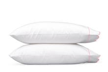 Load image into Gallery viewer, Two pillows with scalloped borders and embroidered accents in azalea pink
