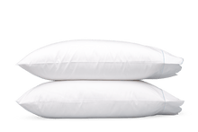 Load image into Gallery viewer, Two pillows with scalloped borders and embroidered accents in blue
