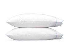 Load image into Gallery viewer, Two pillows with scalloped borders and embroidered accents in ocean
