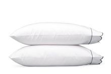 Load image into Gallery viewer, Two pillows with scalloped borders and embroidered accents in sea blue

