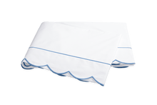 Load image into Gallery viewer, Matouk Butterfield flat sheet with scalloped border and embroider accents in ocean blue
