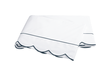 Load image into Gallery viewer, Matouk Butterfield flat sheet with scalloped border and embroider accents in sea blue
