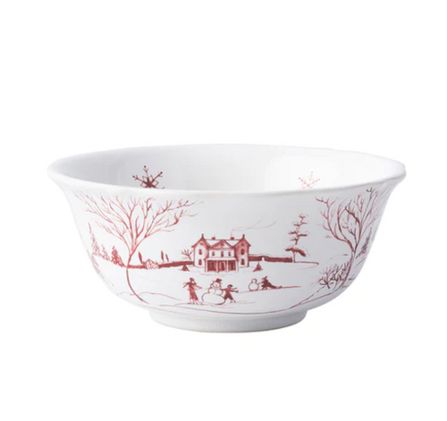 white bowl with rudy colored winter frolic scenes - building a snowman